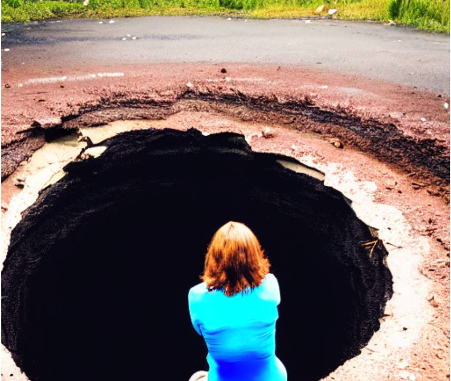 woman sittiing on edge of sink hole